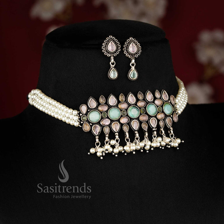 Gorgeous Traditional Wear: Kushi Oxidised Floral Choker Necklace Jewellery Set with Pearls & Stones
