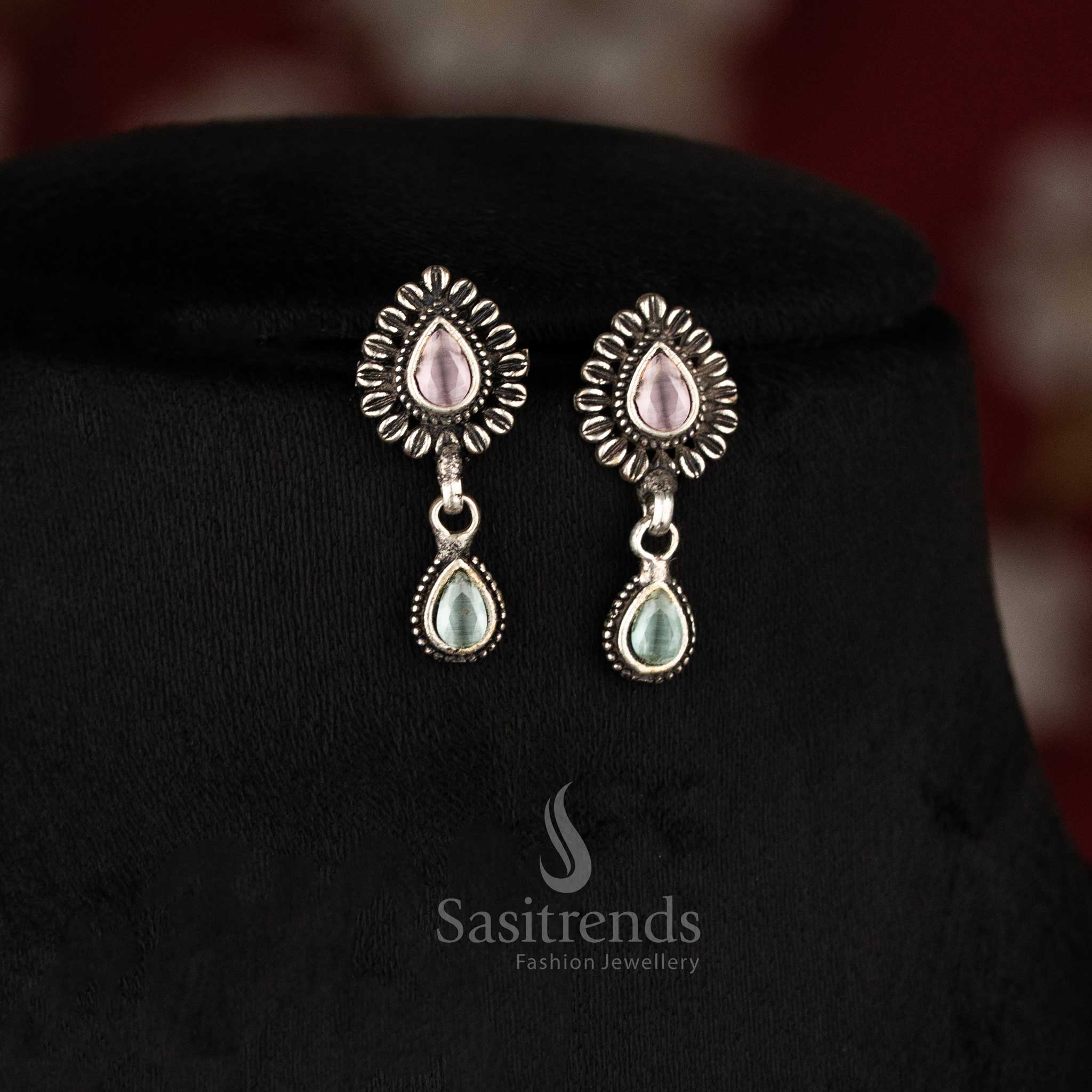 Statement Kushi Oxidised Choker Necklace with Pink-Mint Stone and Pearl Embellishments, Featuring Silver Tone Finesse - Sasitrends