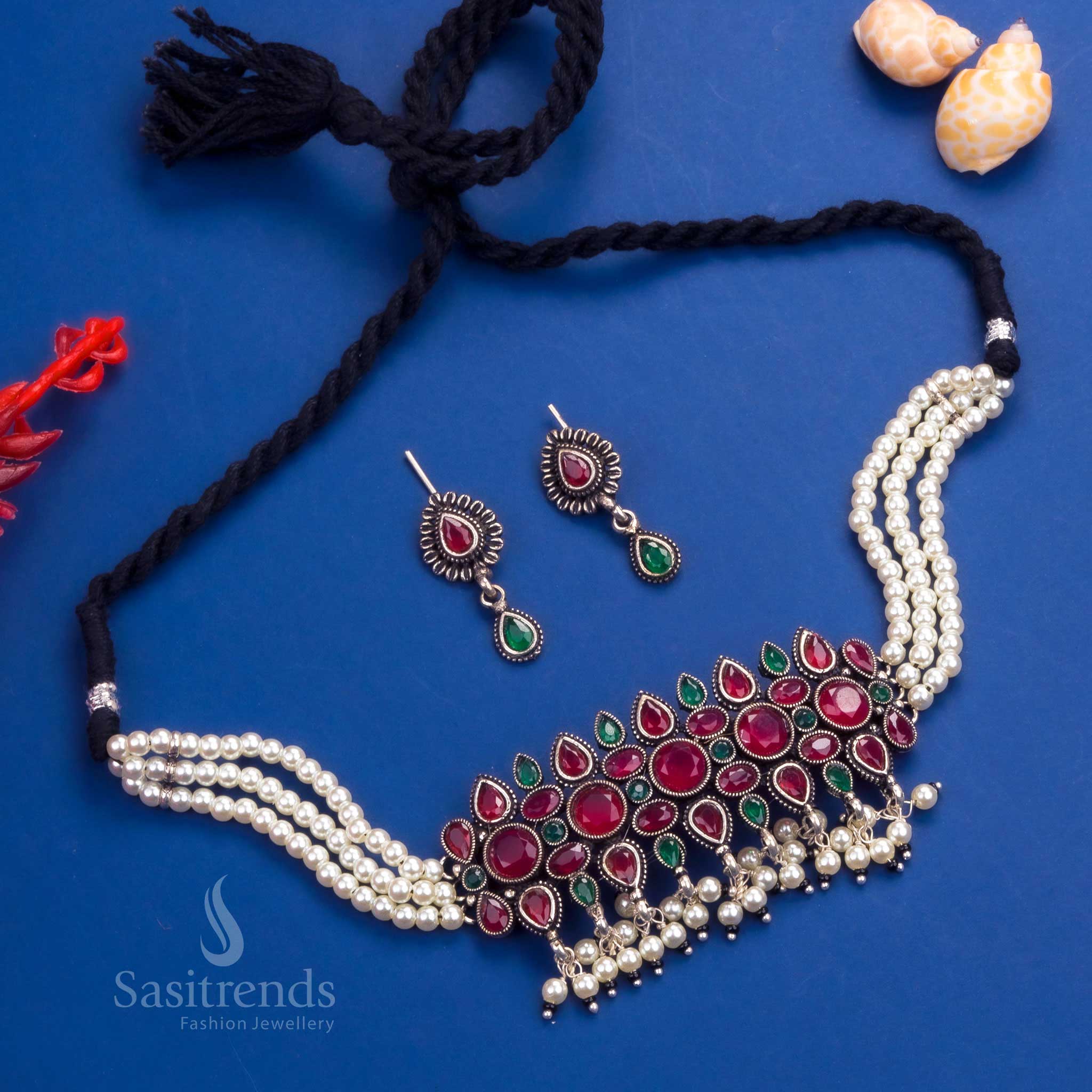 Grand Oxidised Flower Motif Kushi Choker Necklace with Ruby-Green Stones and Pearl Detailing for Ethnic Opulence - Sasitrends
