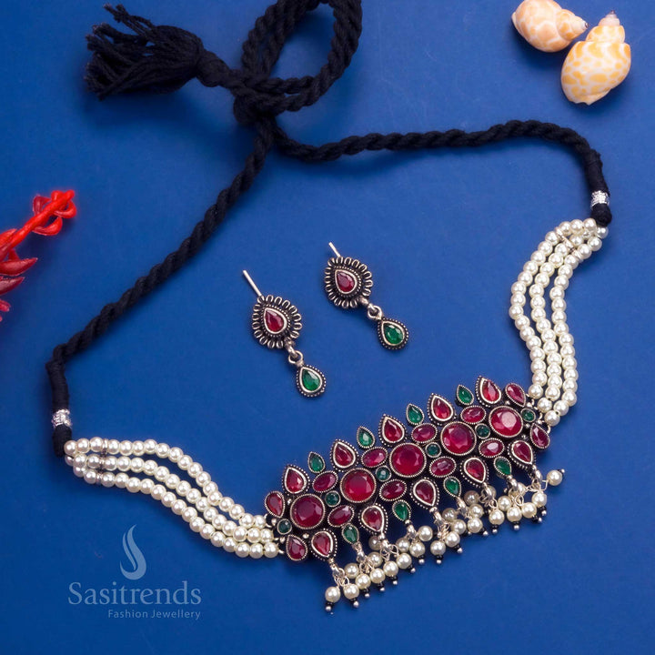 Grand Oxidised Flower Motif Kushi Choker Necklace with Ruby-Green Stones and Pearl Detailing for Ethnic Opulence - Sasitrends