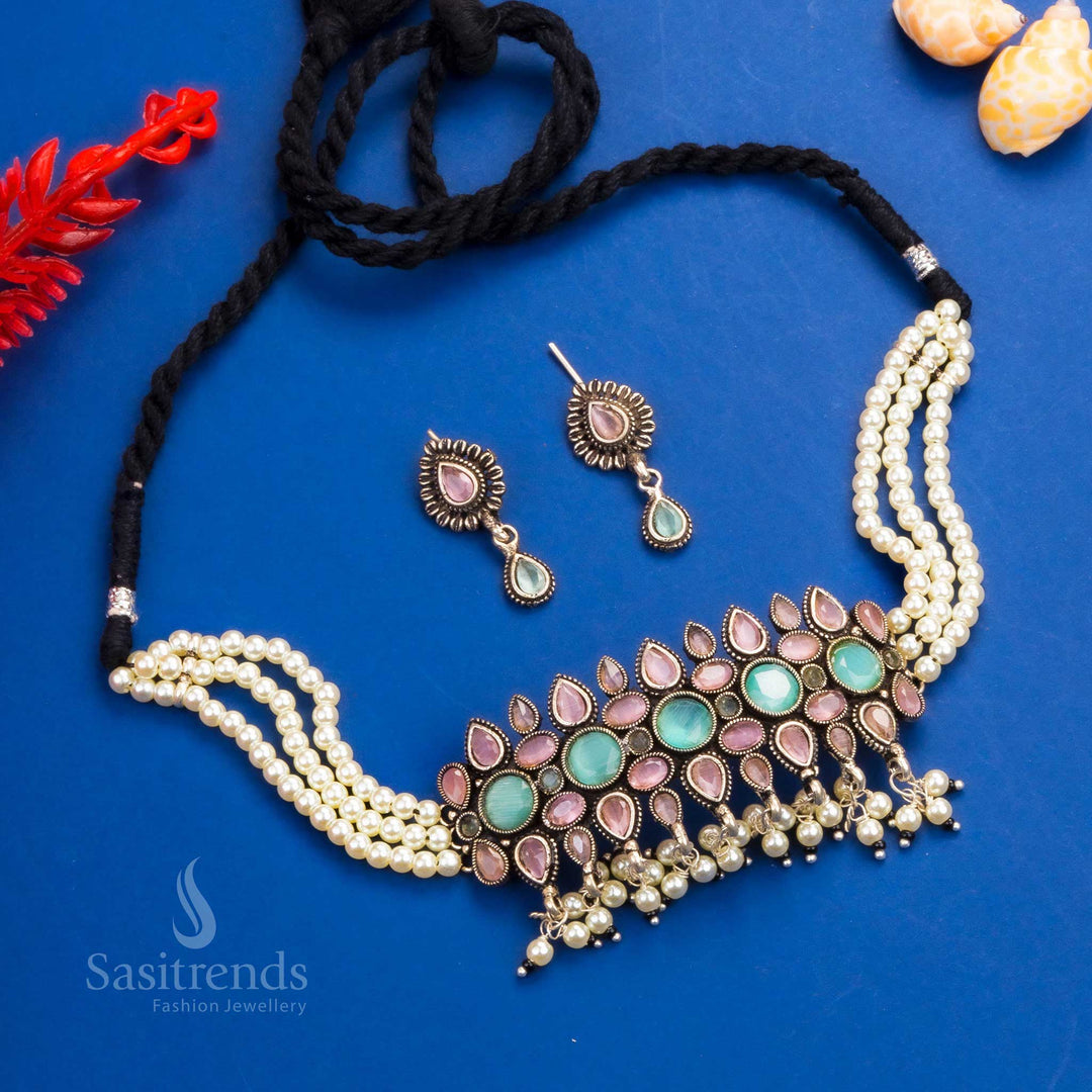 Statement Kushi Oxidised Choker Necklace with Pink-Mint Stone and Pearl Embellishments, Featuring Silver Tone Finesse - Sasitrends