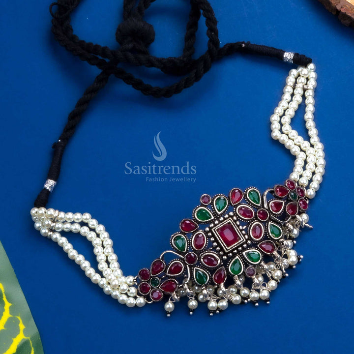 Handcrafted Grand Kushi Oxidised Choker Necklace Adorned with Ruby-Green Stones, Perfect for Ethnic Grace - Sasitrends