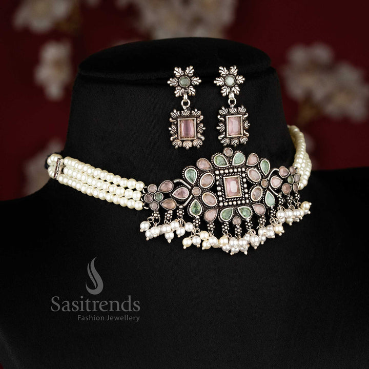 Navarathri Special Oxidised Silver Choker Jewellery Set with Pink-Mint Stones, Showcasing a Festive Radiance - Sasitrends