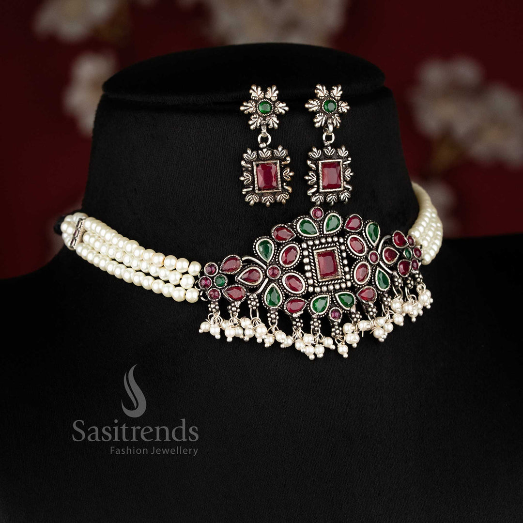 Handcrafted Grand Kushi Oxidised Choker Necklace Adorned with Ruby-Green Stones, Perfect for Ethnic Grace - Sasitrends 