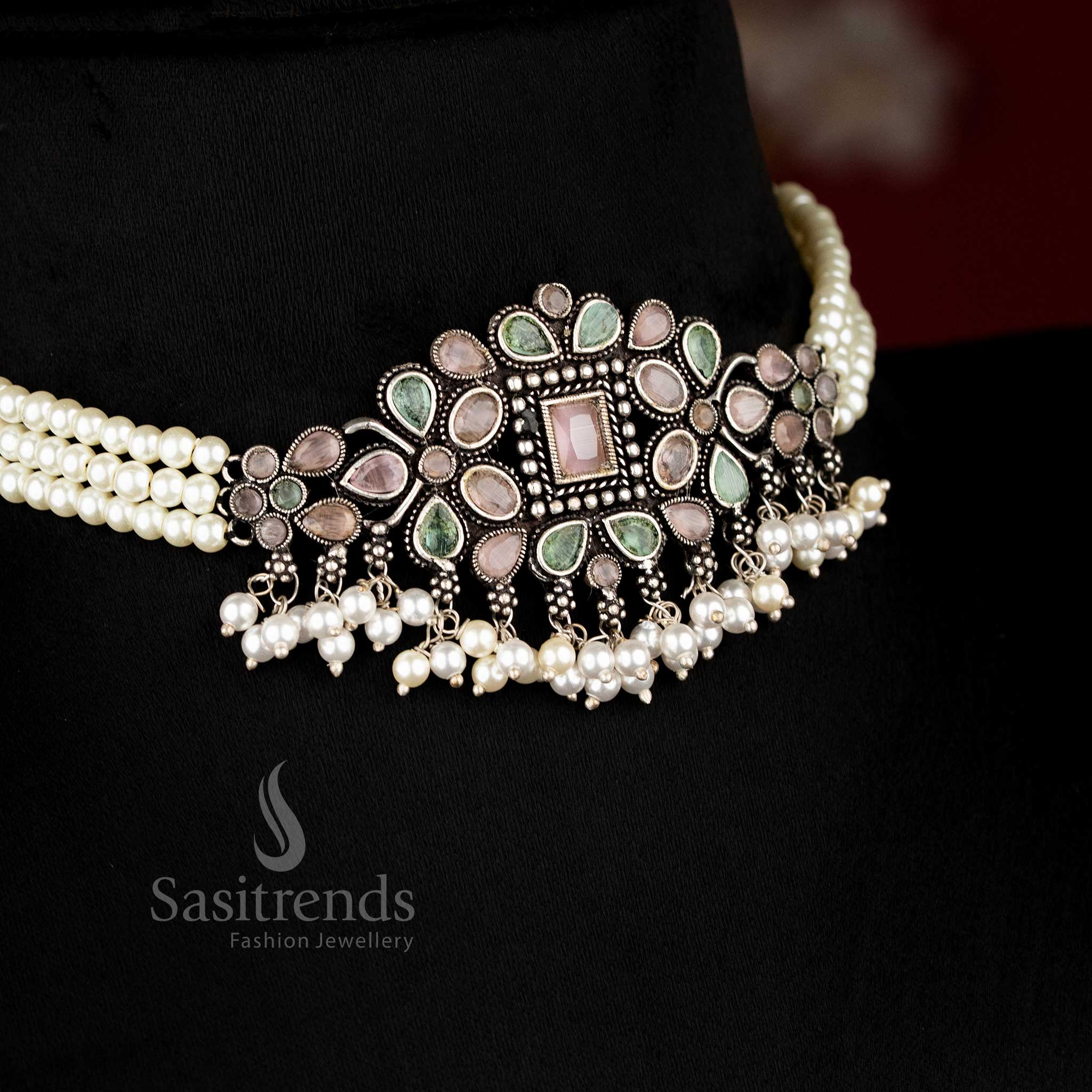 Navarathri Special Oxidised Silver Choker Jewellery Set with Pink-Mint Stones, Showcasing a Festive Radiance - Sasitrends