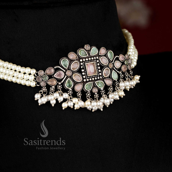 Navarathri Special Oxidised Silver Choker Jewellery Set with Pink-Mint Stones, Showcasing a Festive Radiance - Sasitrends