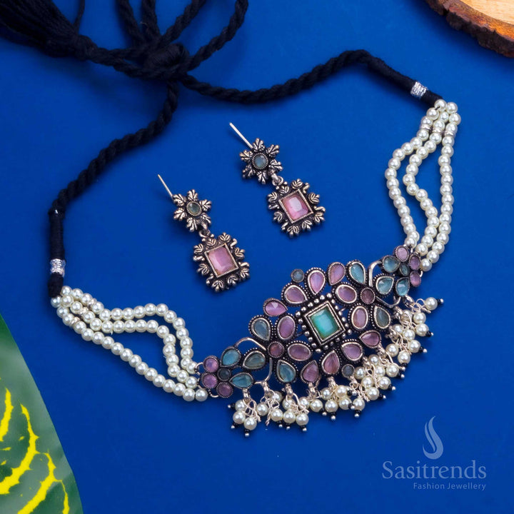Navarathri Special Floral Charm: Kushi Oxidised Silver Choker Stones Jewellery Set | Sasitrends