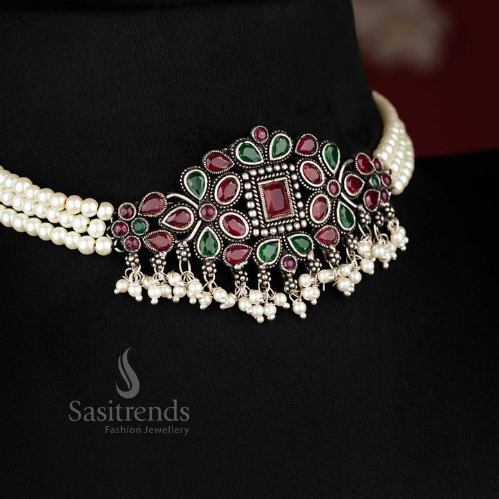 Handcrafted Grand Kushi Oxidised Choker Necklace Adorned with Ruby-Green Stones, Perfect for Ethnic Grace - Sasitrends 
