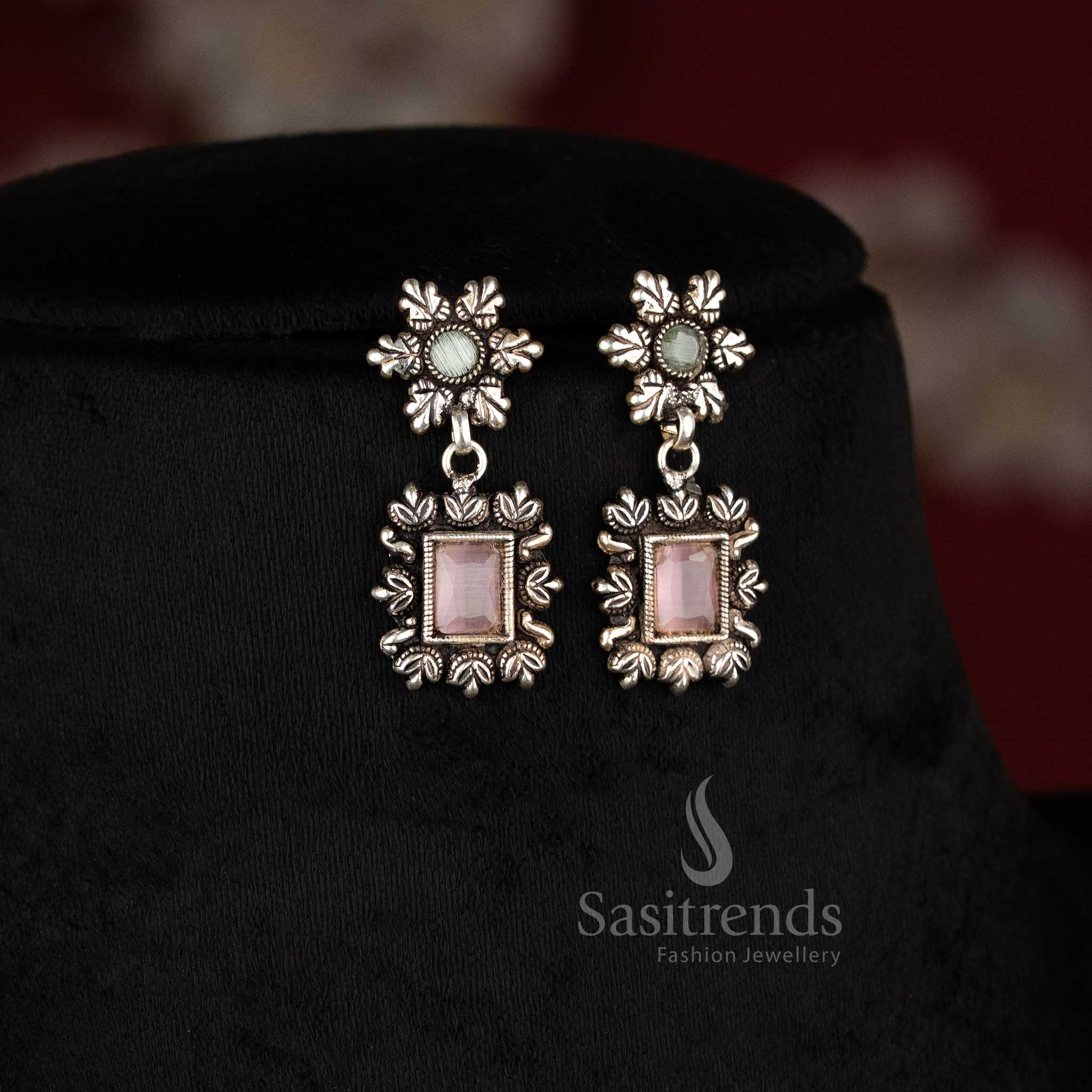 Navarathri Special Oxidised Silver Choker Jewellery Set with Pink-Mint Stones, Showcasing a Festive Radiance - Sasitrends