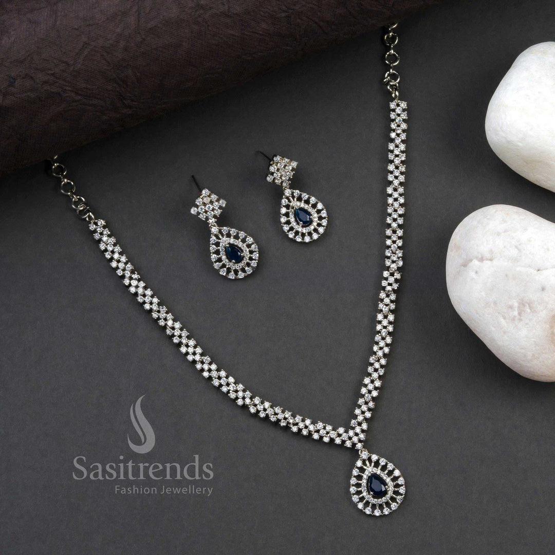 Rhodium Silver Plated Party Wear AD Necklace Set with Tear-Drop Pendant and Earrings - Sasitrends