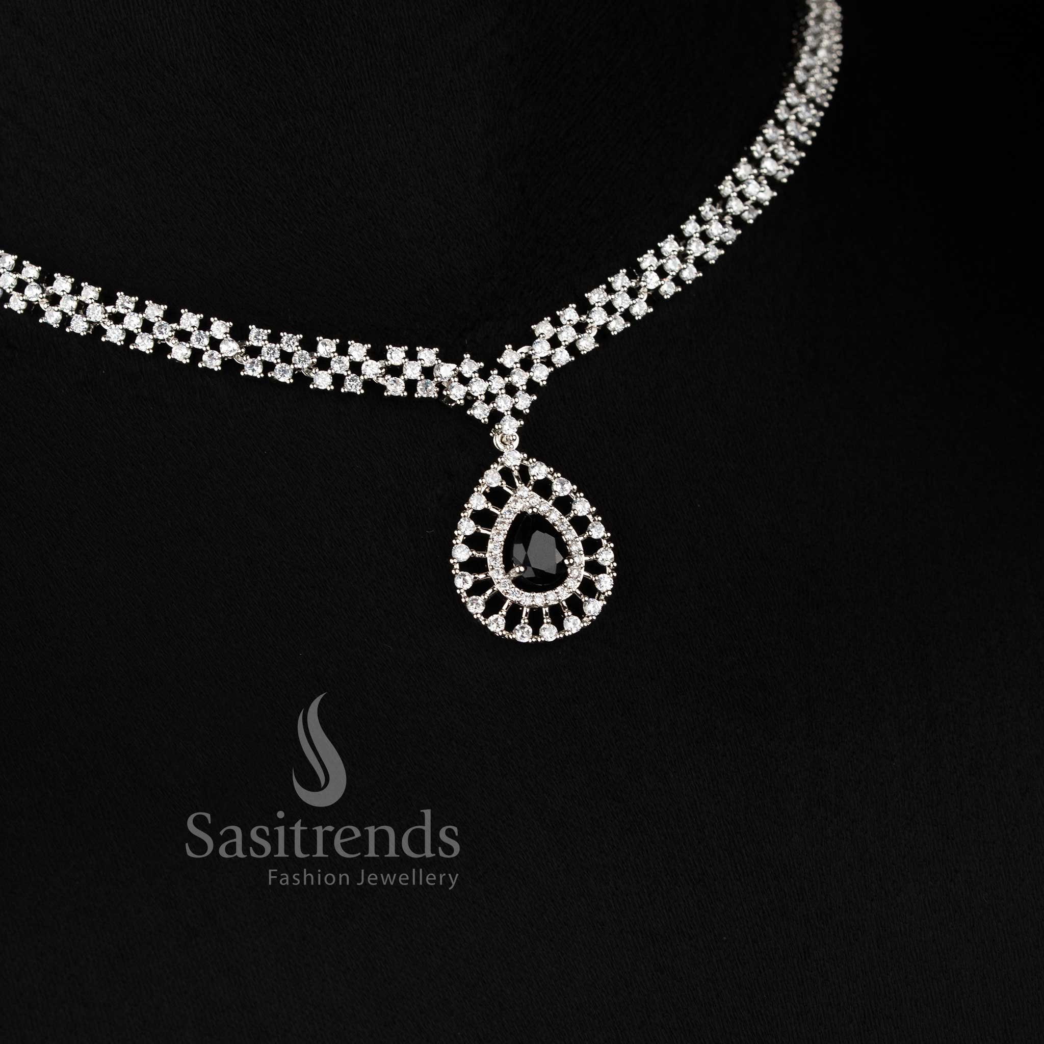 Trendy Rich Look Party Wear American Diamond Stones Necklace Jewellery Set with Rhodium Silver Plated Thilak Pendant and Black Stone Detailing - Sasitrends