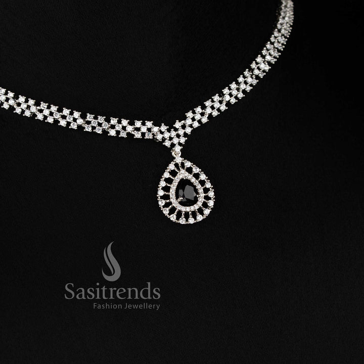Trendy Rich Look Party Wear American Diamond Stones Necklace Jewellery Set with Rhodium Silver Plated Thilak Pendant and Black Stone Detailing - Sasitrends