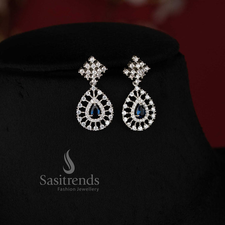 Trendy Rich Look Party Wear American Diamond Stones Necklace Jewellery Set with Rhodium Silver Plated Thilak Pendant and Blue Stone Detailing - Sasitrends