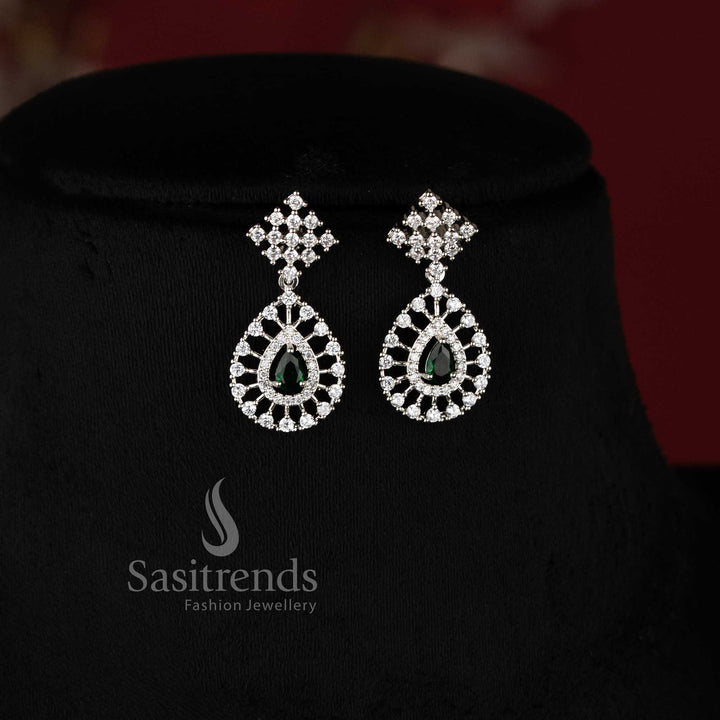 Party Wear American Diamond Necklace Jewellery Set featuring Rhodium Silver Plated Thilak Pendant with green Stone Accents - Sasitrends