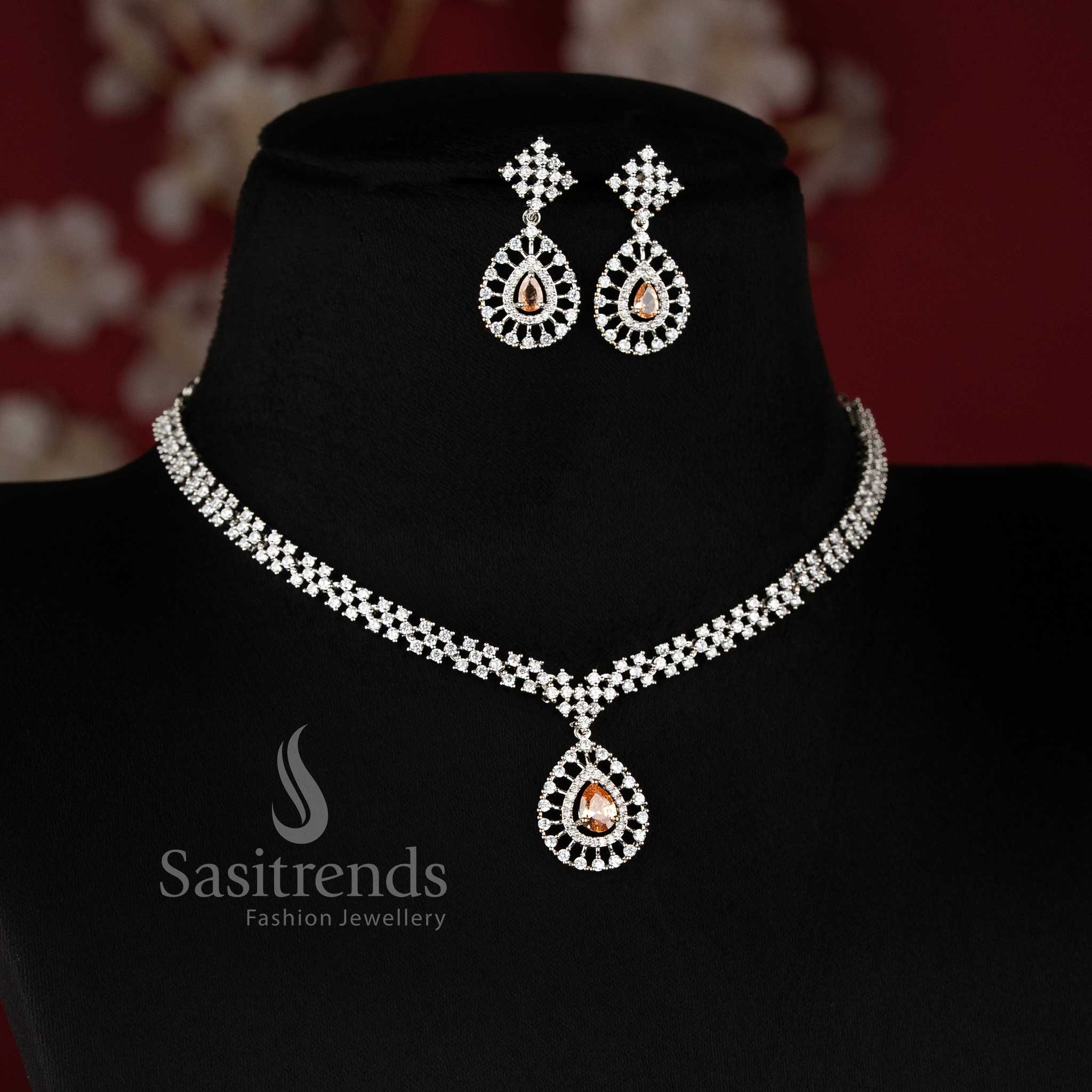 Trendy Rich Look Party Wear American Diamond Stones Necklace Jewellery Set with Rhodium Silver Plated Thilak Pendant and honey Stone Detailing - Sasitrends