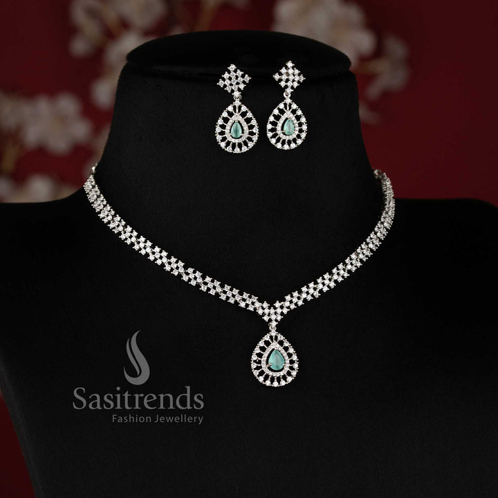 Rich Look American Diamond Necklace Set with Mint Stone Thilak Pendant and Rhodium Silver Plated Finish - Sasitrends