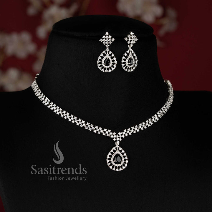 Trendy Rich Look Party Wear American Diamond Stones Necklace Jewellery Set with Rhodium Silver Plated Thilak Pendant and Black Stone Detailing - Sasitrends