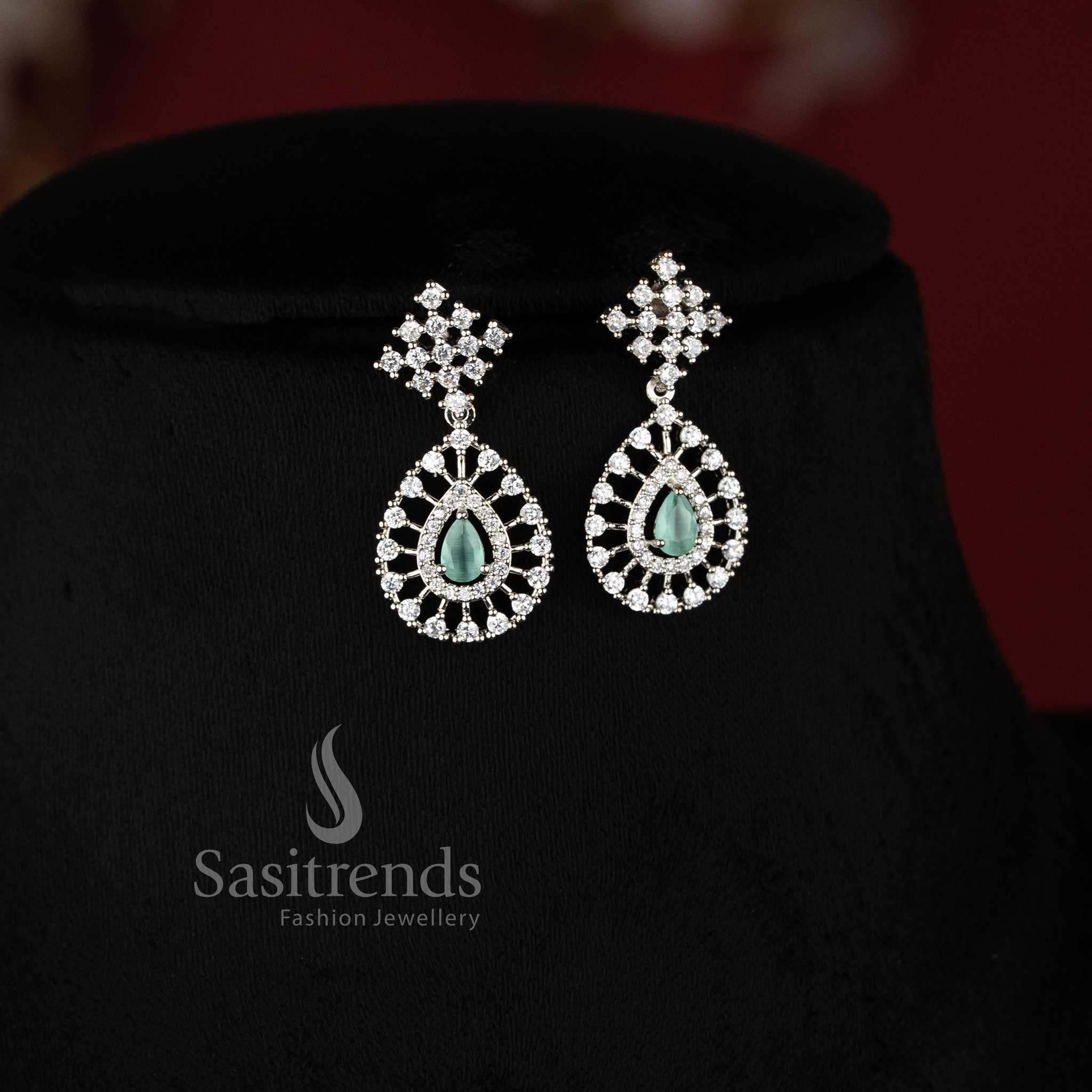 Rich Look American Diamond Necklace Set with Mint Stone Thilak Pendant and Rhodium Silver Plated Finish - Sasitrends