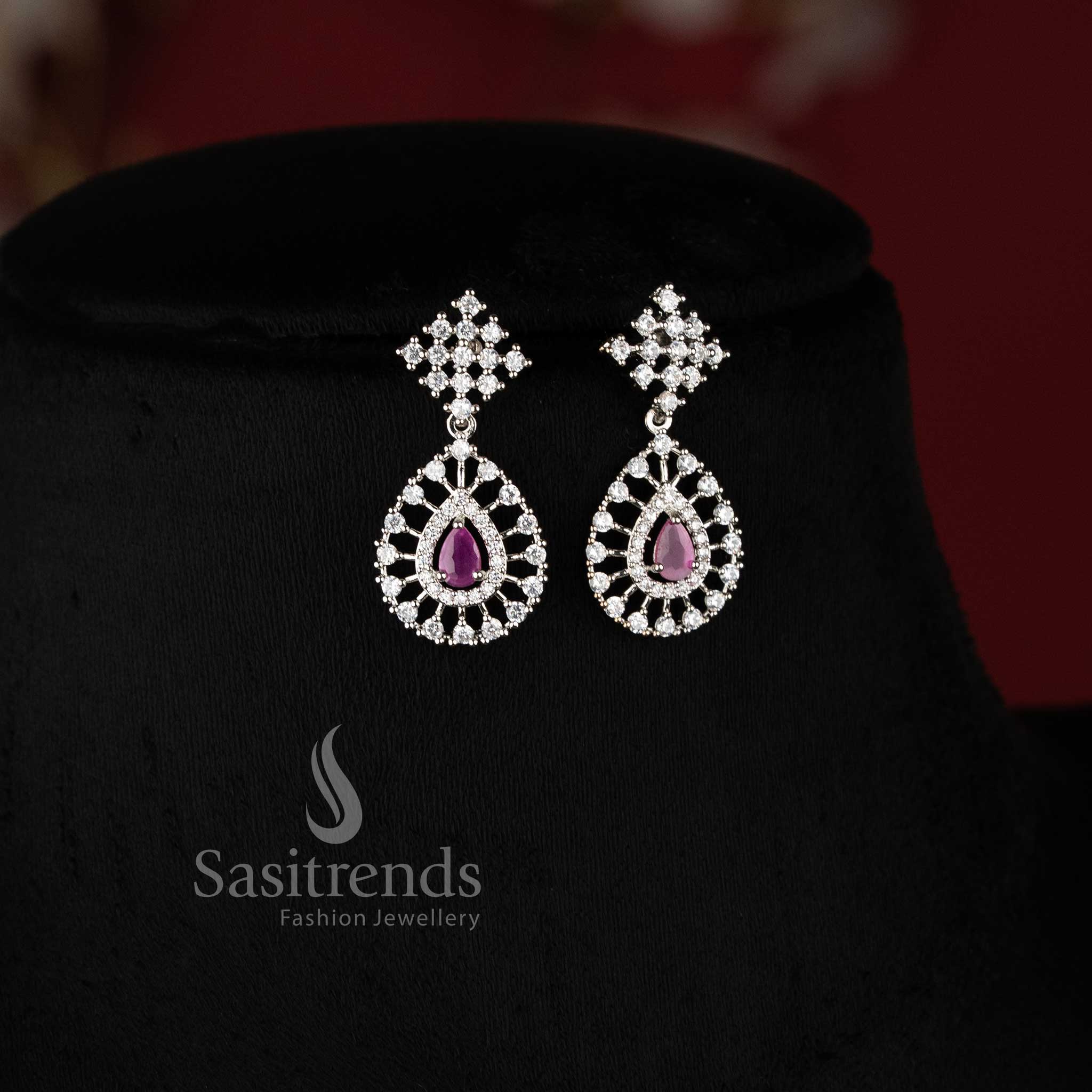 Trendy Rich Look Party Wear American Diamond Stones Necklace Jewellery Set with Rhodium Silver Plated Thilak Pendant and RubyStone Detailing - Sasitrends