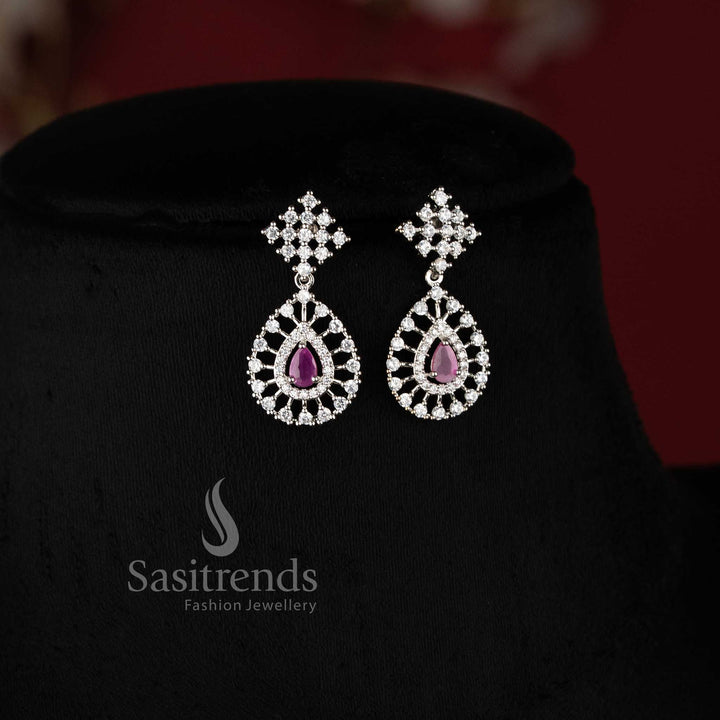 Trendy Rich Look Party Wear American Diamond Stones Necklace Jewellery Set with Rhodium Silver Plated Thilak Pendant and RubyStone Detailing - Sasitrends