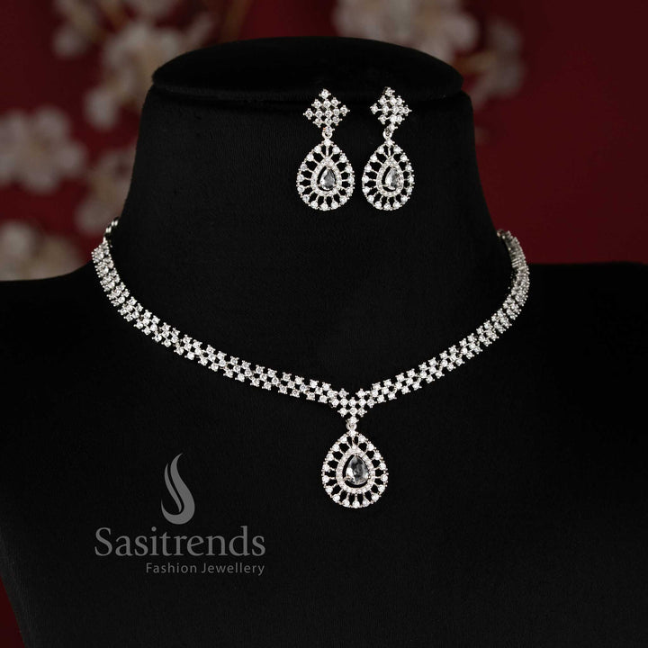 Trendy Rich Look Party Wear American Diamond Stones Necklace Jewellery Set with Rhodium Silver Plated Thilak Pendant and White Stone Detailing - Sasitrends