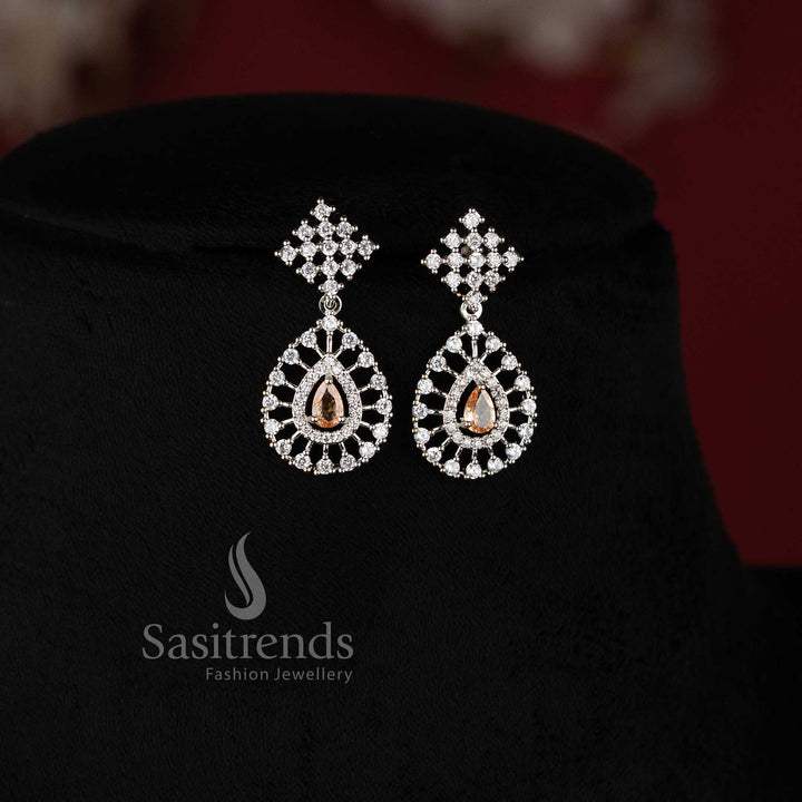 Trendy Rich Look Party Wear American Diamond Stones Necklace Jewellery Set with Rhodium Silver Plated Thilak Pendant and Yellow Stone Detailing - Sasitrends