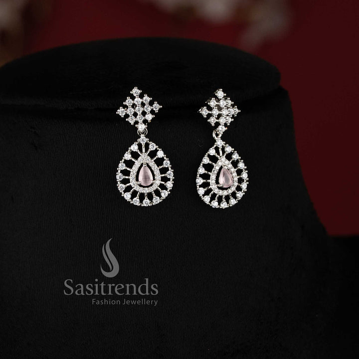 Party Wear American Diamond Necklace Jewellery Set featuring Rhodium Silver Plated Thilak Pendant with Pink Stone Accents - Sasitrends