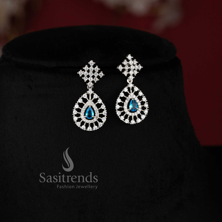 Rich Look American Diamond Necklace Set with Skyblue Stone Thilak Pendant and Rhodium Silver Plated Finish - Sasitrends 