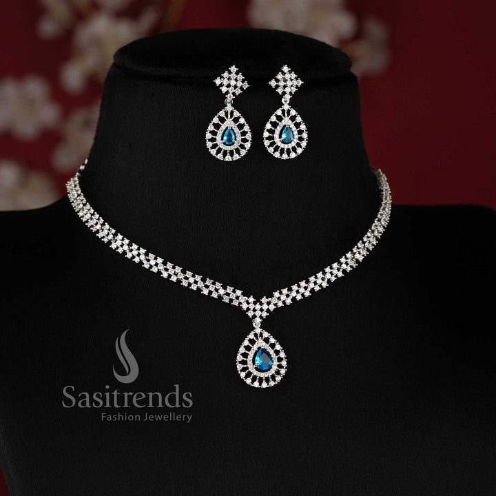 Rich Look American Diamond Necklace Set with Aqua Blue Stone Thilak Pendant and Rhodium Silver Plated Finish - Sasitrends