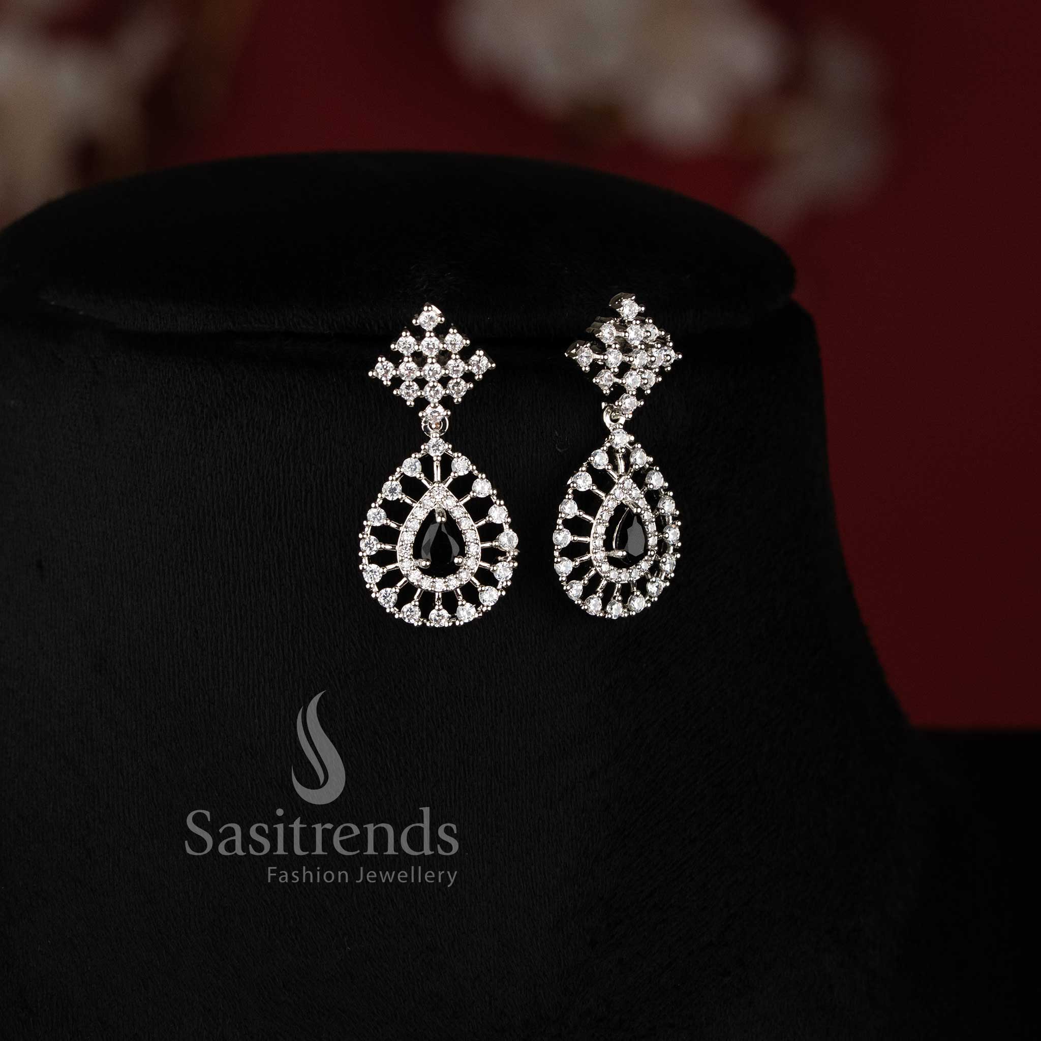 Rich Look American Diamond Necklace Set with Pink Stone Thilak Pendant and Rhodium Silver Plated Finish - Sasitrends