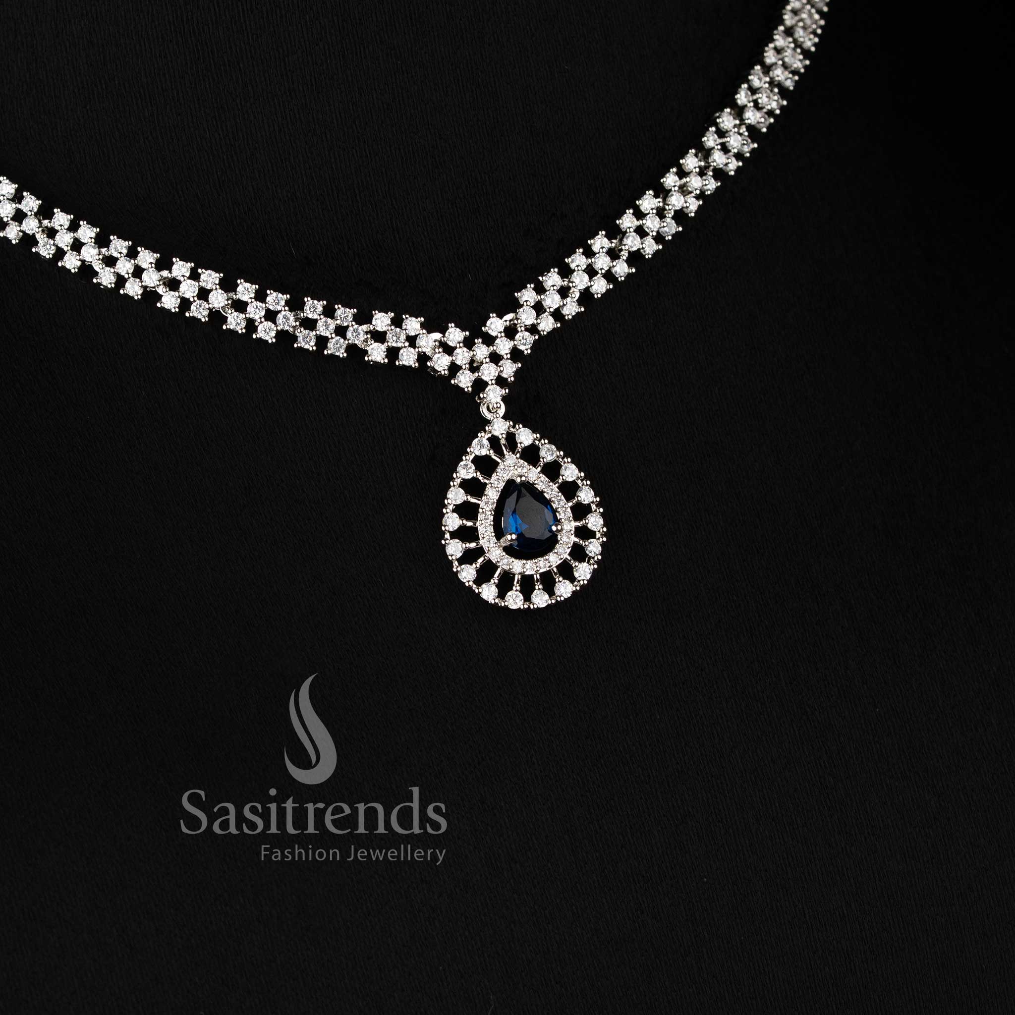 Rich Look American Diamond Necklace Set with blue Stone Thilak Pendant and Rhodium Silver Plated Finish - Sasitrends