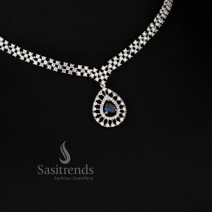 Rich Look American Diamond Necklace Set with blue Stone Thilak Pendant and Rhodium Silver Plated Finish - Sasitrends