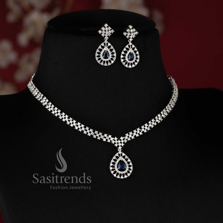 Trendy Rich Look Party Wear American Diamond Stones Necklace Jewellery Set with Rhodium Silver Plated Thilak Pendant and Blue Stone Detailing - Sasitrends