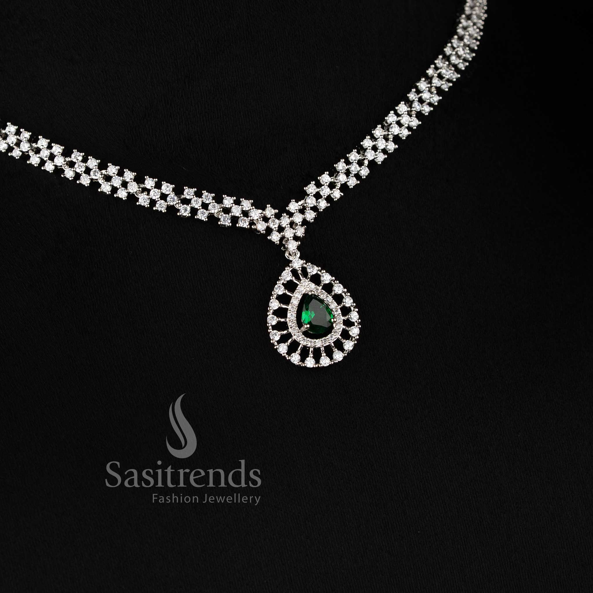 Rich Look American Diamond Necklace Set with green Stone Thilak Pendant and Rhodium Silver Plated Finish - Sasitrends 