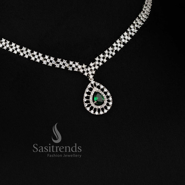 Rich Look American Diamond Necklace Set with green Stone Thilak Pendant and Rhodium Silver Plated Finish - Sasitrends 