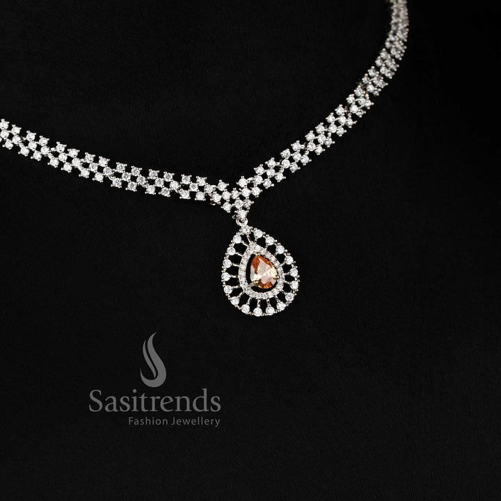Rich Look American Diamond Necklace Set with honey Stone Thilak Pendant and Rhodium Silver Plated Finish - Sasitrends