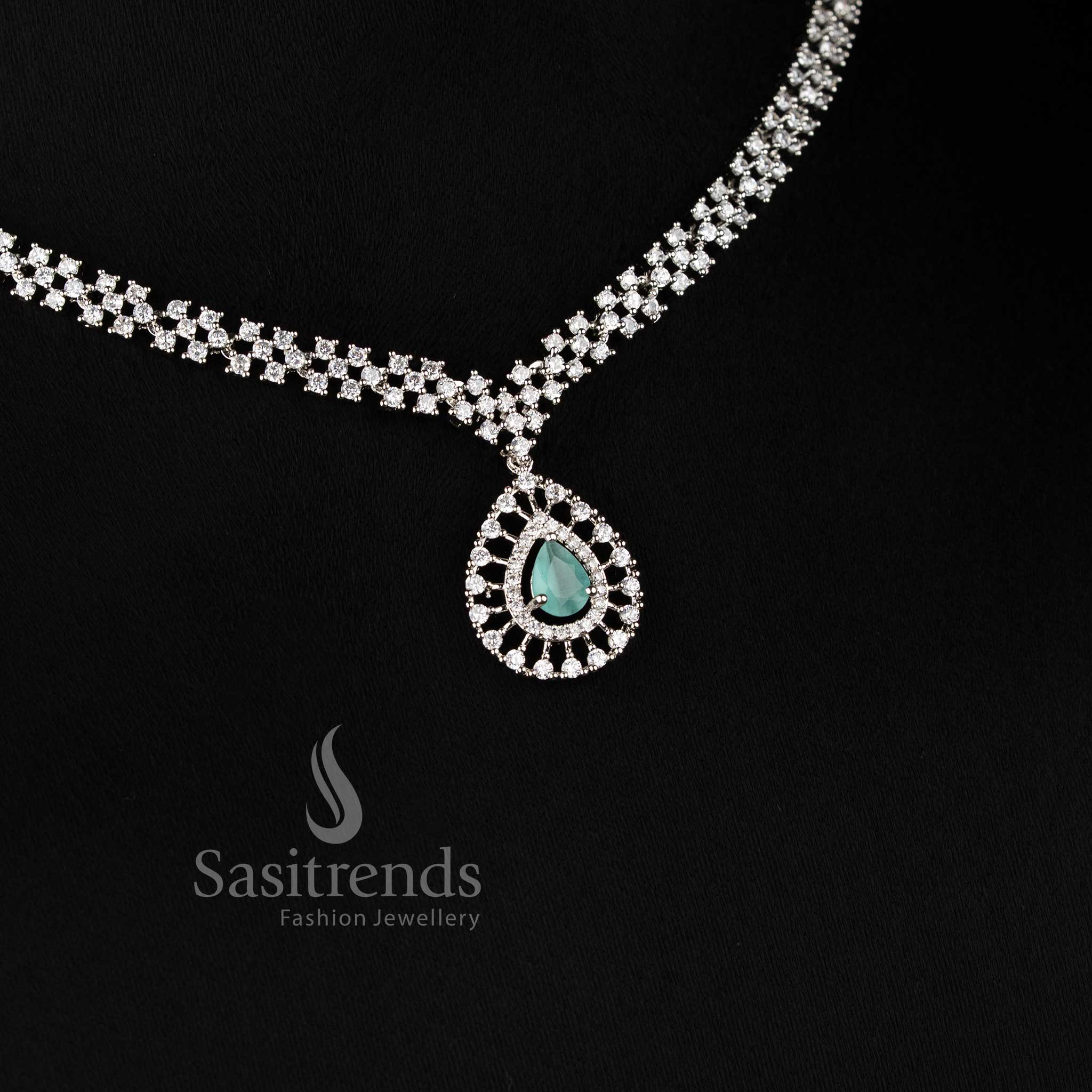Rich Look American Diamond Necklace Set with Mint Stone Thilak Pendant and Rhodium Silver Plated Finish - Sasitrends