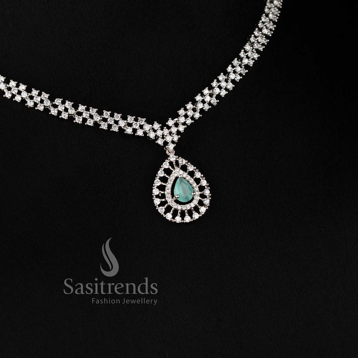 Rich Look American Diamond Necklace Set with Mint Stone Thilak Pendant and Rhodium Silver Plated Finish - Sasitrends