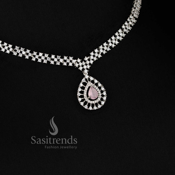 Rich Look American Diamond Necklace Set with Pink Stone Thilak Pendant and Rhodium Silver Plated Finish - Sasitrends