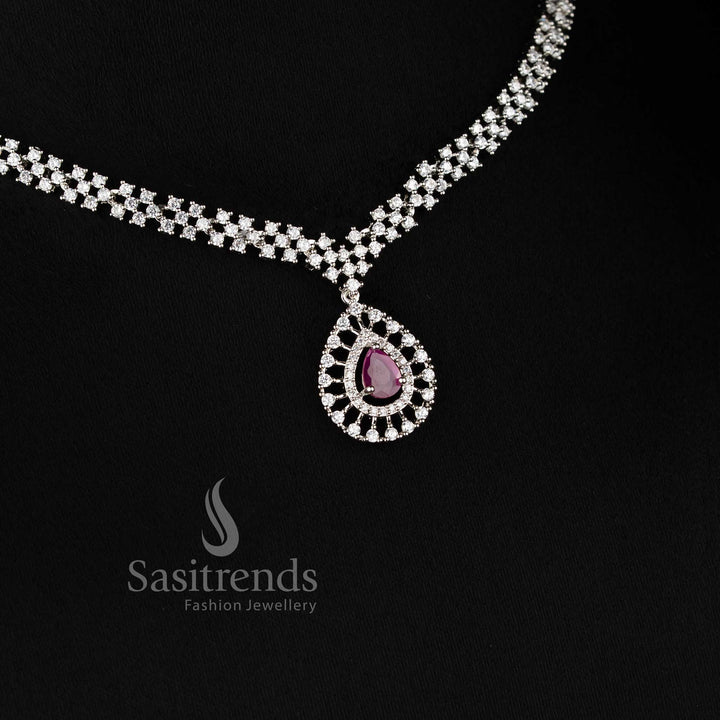 Rich Look American Diamond Necklace Set with Ruby Stone Thilak Pendant and Rhodium Silver Plated Finish - Sasitrends