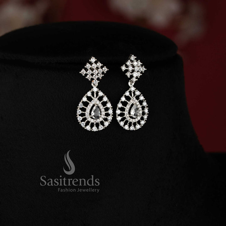 Rich Look American Diamond Necklace Set with White Stone Thilak Pendant and Rhodium Silver Plated Finish - Sasitrends
