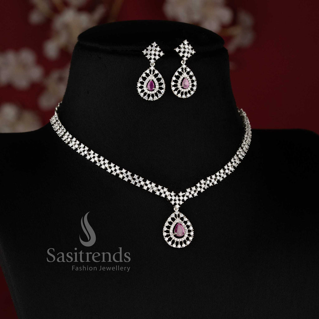 Trendy Rich Look Party Wear American Diamond Stones Necklace Jewellery Set with Rhodium Silver Plated Thilak Pendant and RubyStone Detailing - Sasitrends