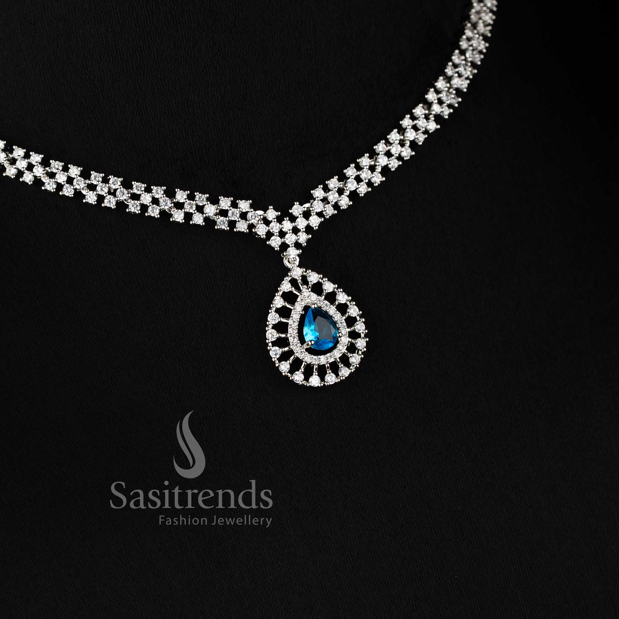 Rich Look American Diamond Necklace Set with Skyblue Stone Thilak Pendant and Rhodium Silver Plated Finish - Sasitrends 