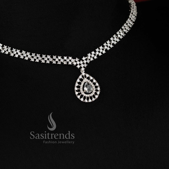 Trendy Rich Look Party Wear American Diamond Stones Necklace Jewellery Set with Rhodium Silver Plated Thilak Pendant and White Stone Detailing - Sasitrends
