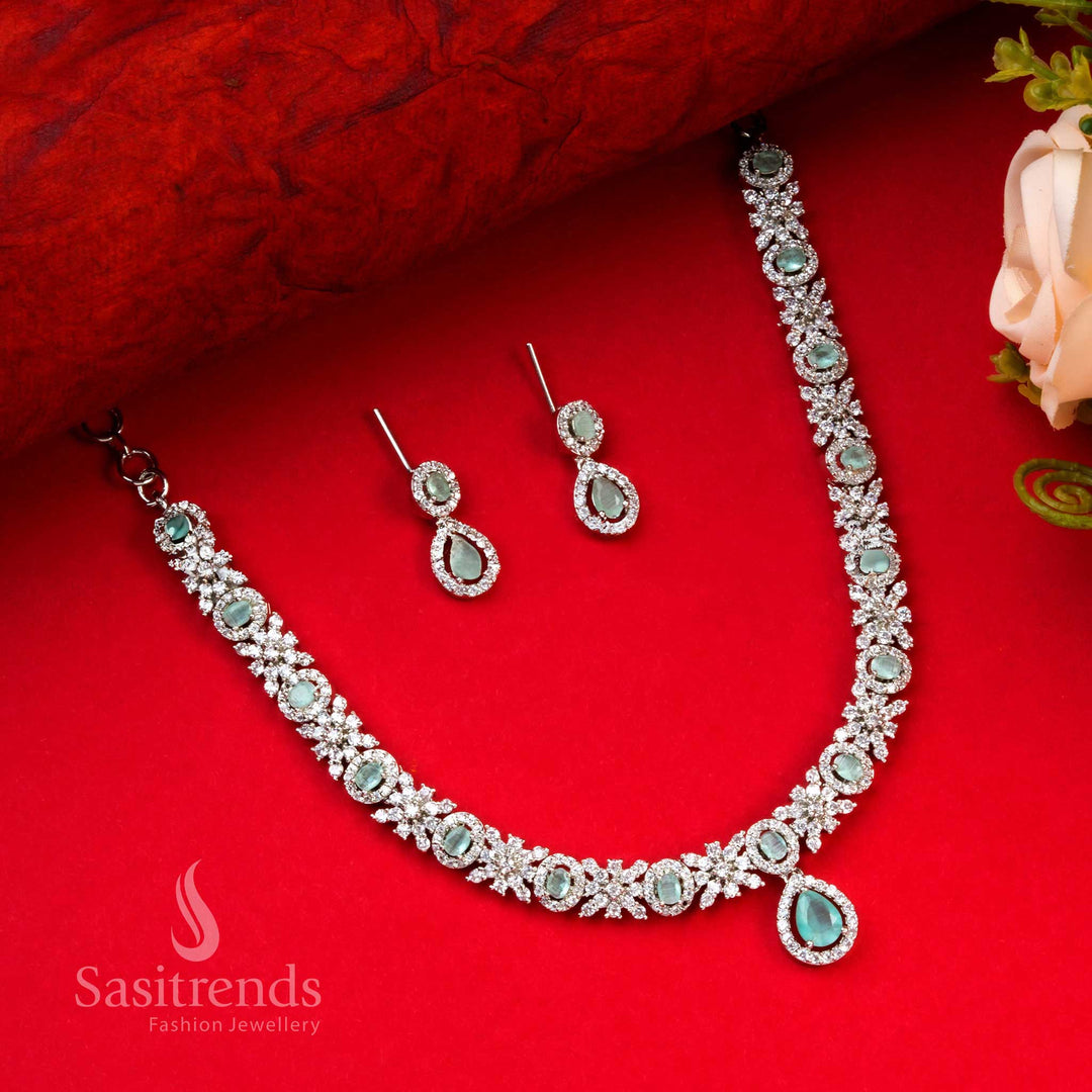 Elegant Party Wear Mint Green Color Rhodium Silver Plated AD Necklace Set with Floral and Oval Patterns - Sasitrends
