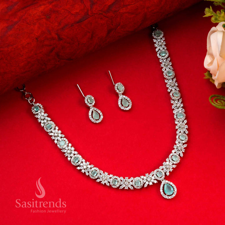 Trendy Rich Look Party Wear Jewellery Set with Rhodium Silver Plating and American Diamonds | Sasitrends