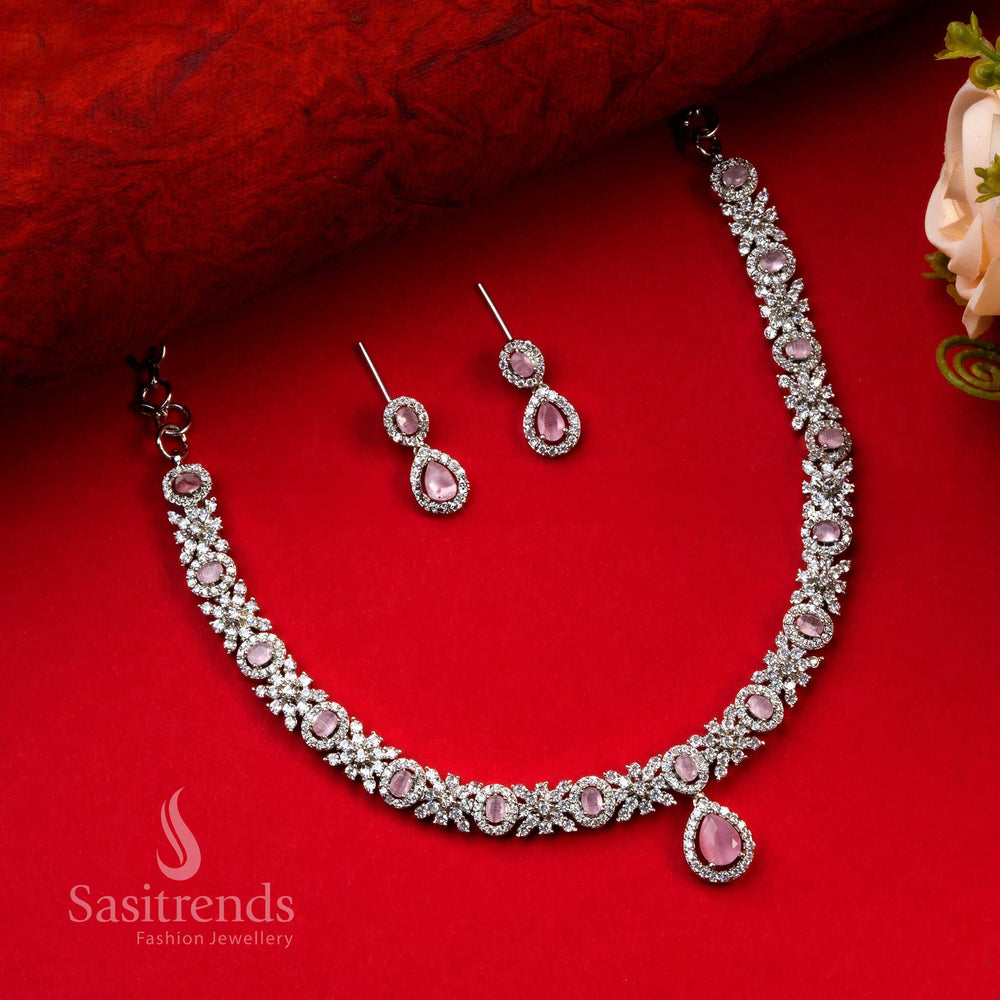Trendy Rhodium Silver Plated Necklace Set with Pink American Diamond Stones - Trendy Party Accessory - Sasitrends