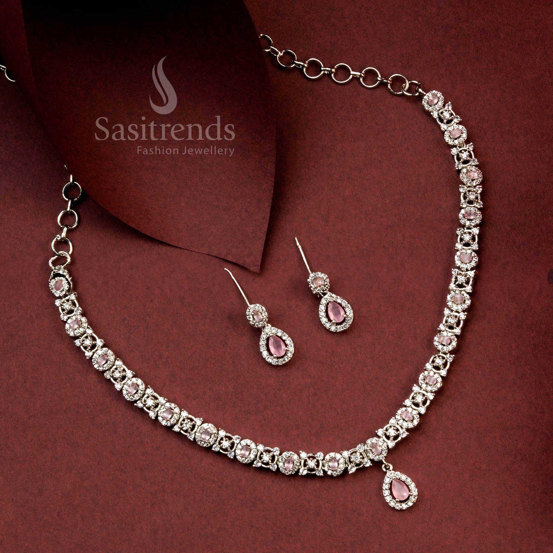 Elegant Party Wear Rhodium Silver Plated AD Necklace Set with Floral and Oval Patterns