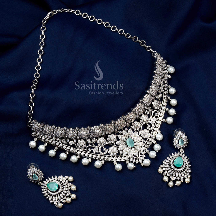 Rhodium Silver Plated Wedding Choker Necklace Set with Pink Stones, American Diamonds, and Pearl Drops - Sasitrends