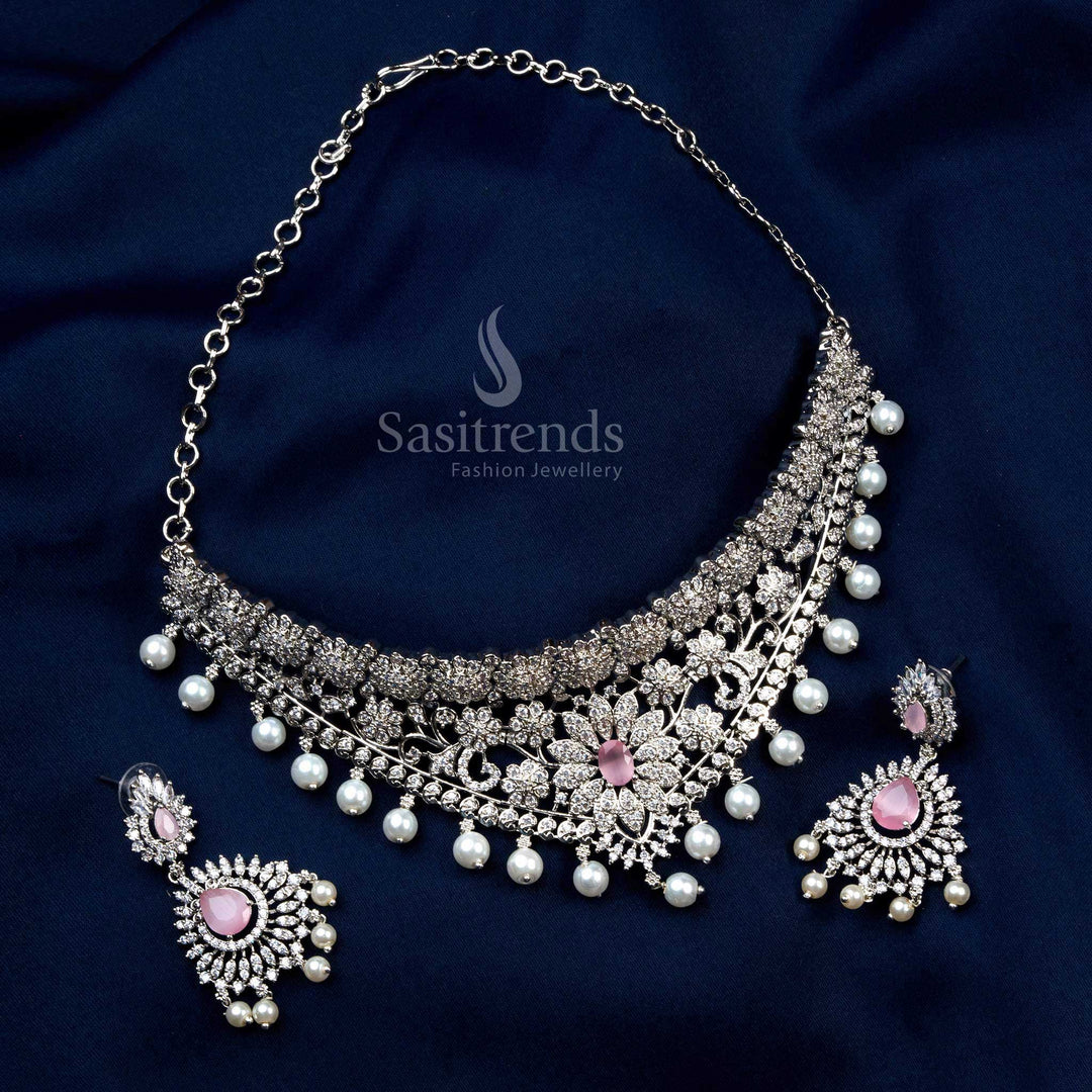 Rhodium Silver Plated Wedding Choker Necklace Set with Pink Stones, American Diamonds, and Pearl Drops - Gorgeous Floral Design